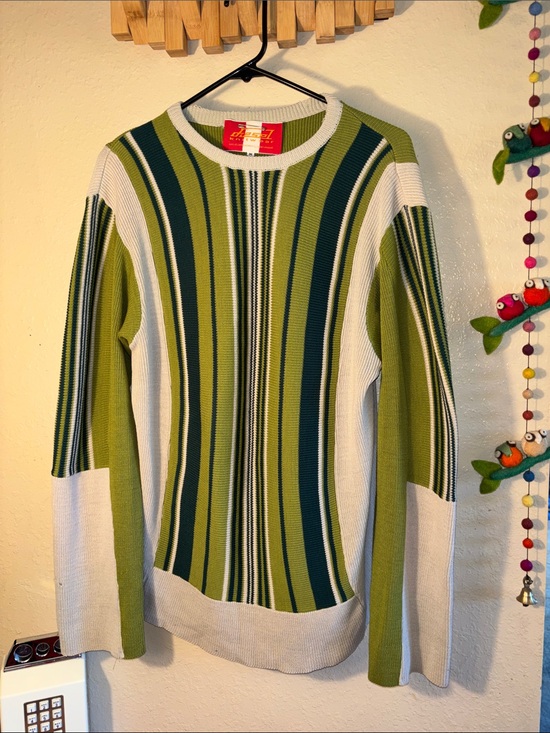 Diesel Sweaters - VINTAGE Diesel knitwear sweater featuring green, olive, and cream vertical strip